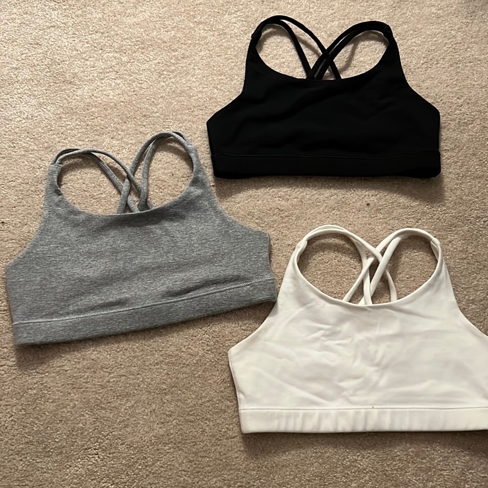 SET OF THREE Athleta Girls Upbeat Bra - gray, white, black - size girls M/8-10